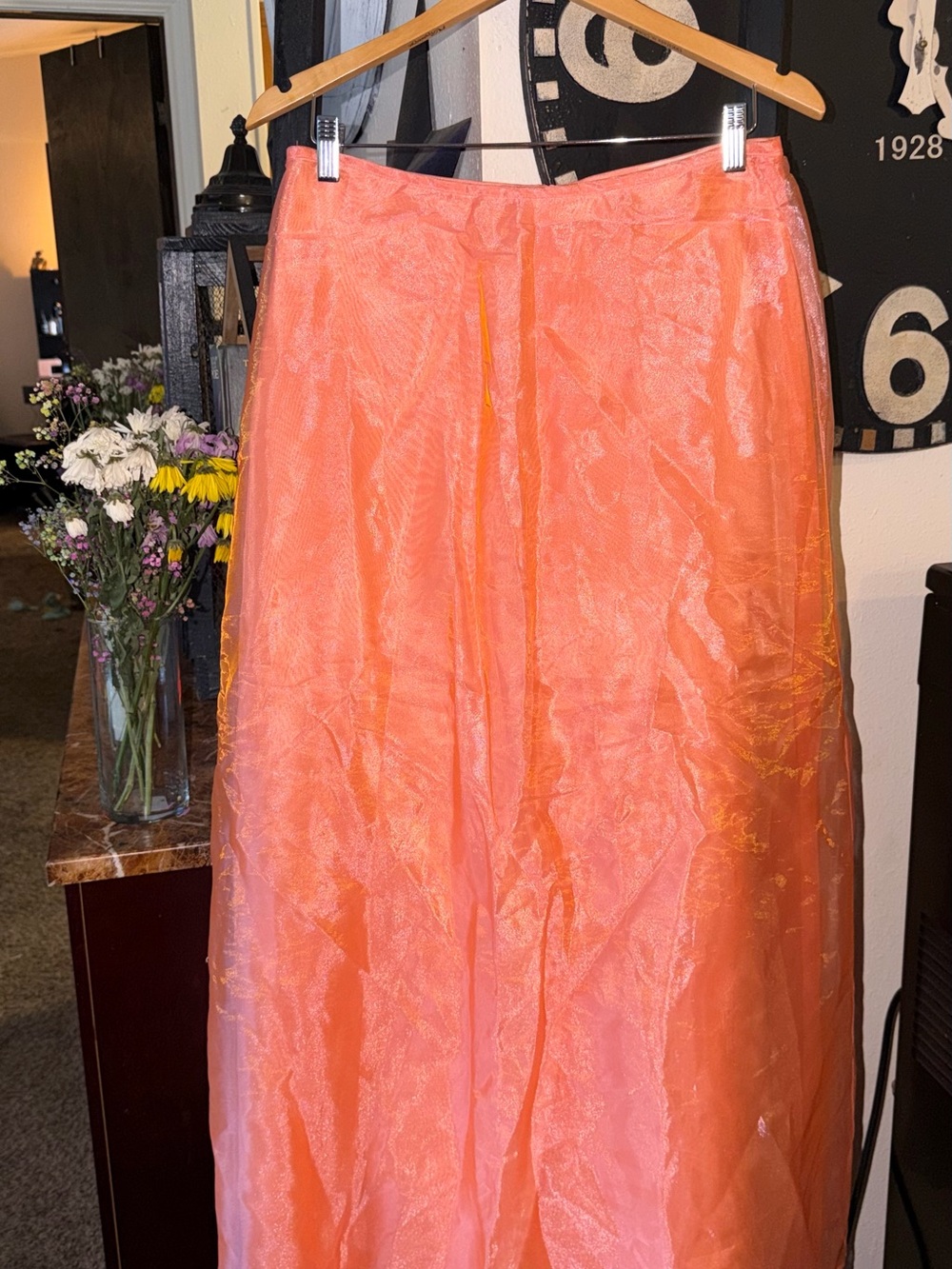 Vintage City Triangles Coral Peach Shimmer Organza Formal Midi Skirt Size 9/10
